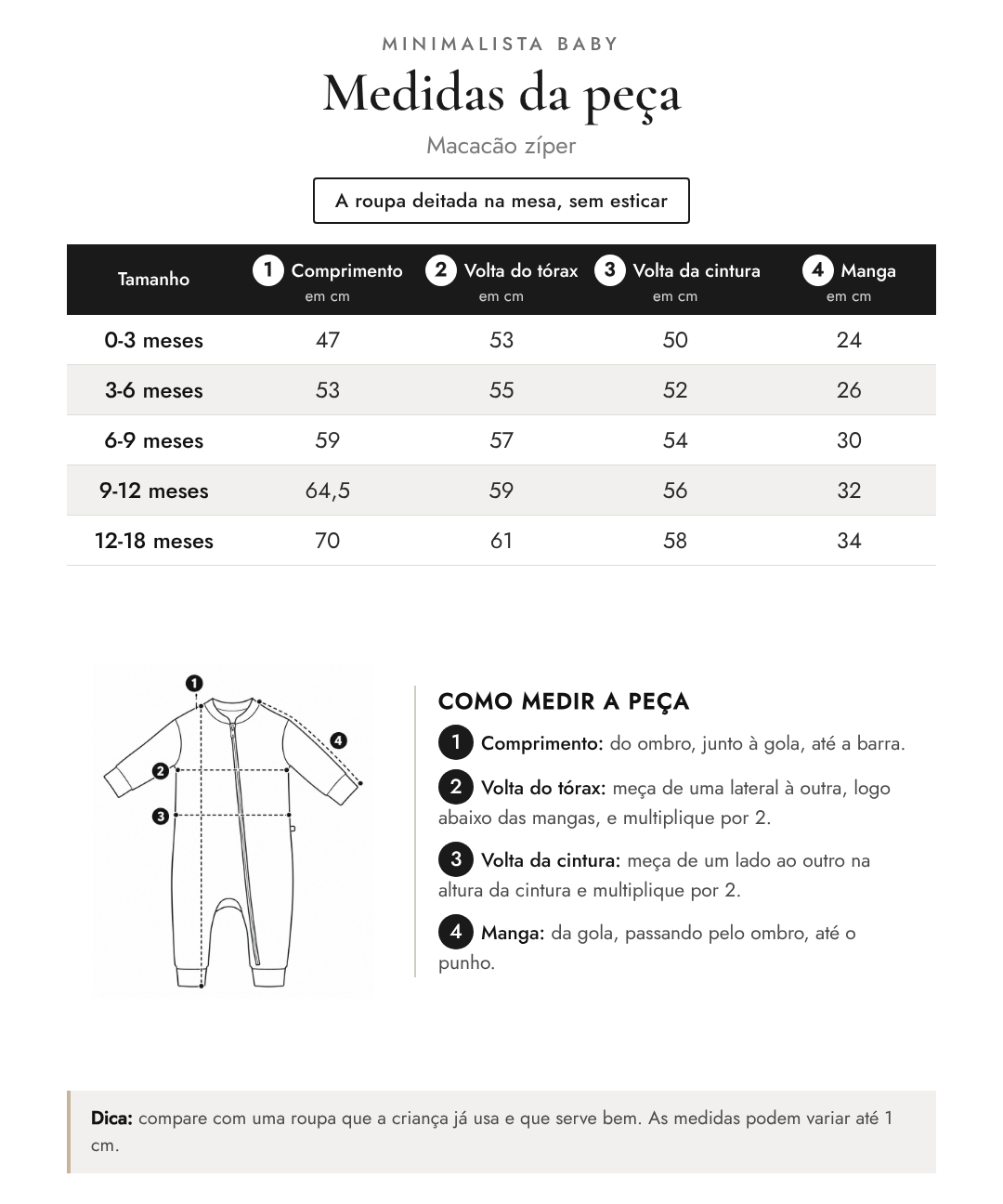 Medidas da peça - Macacão zíper