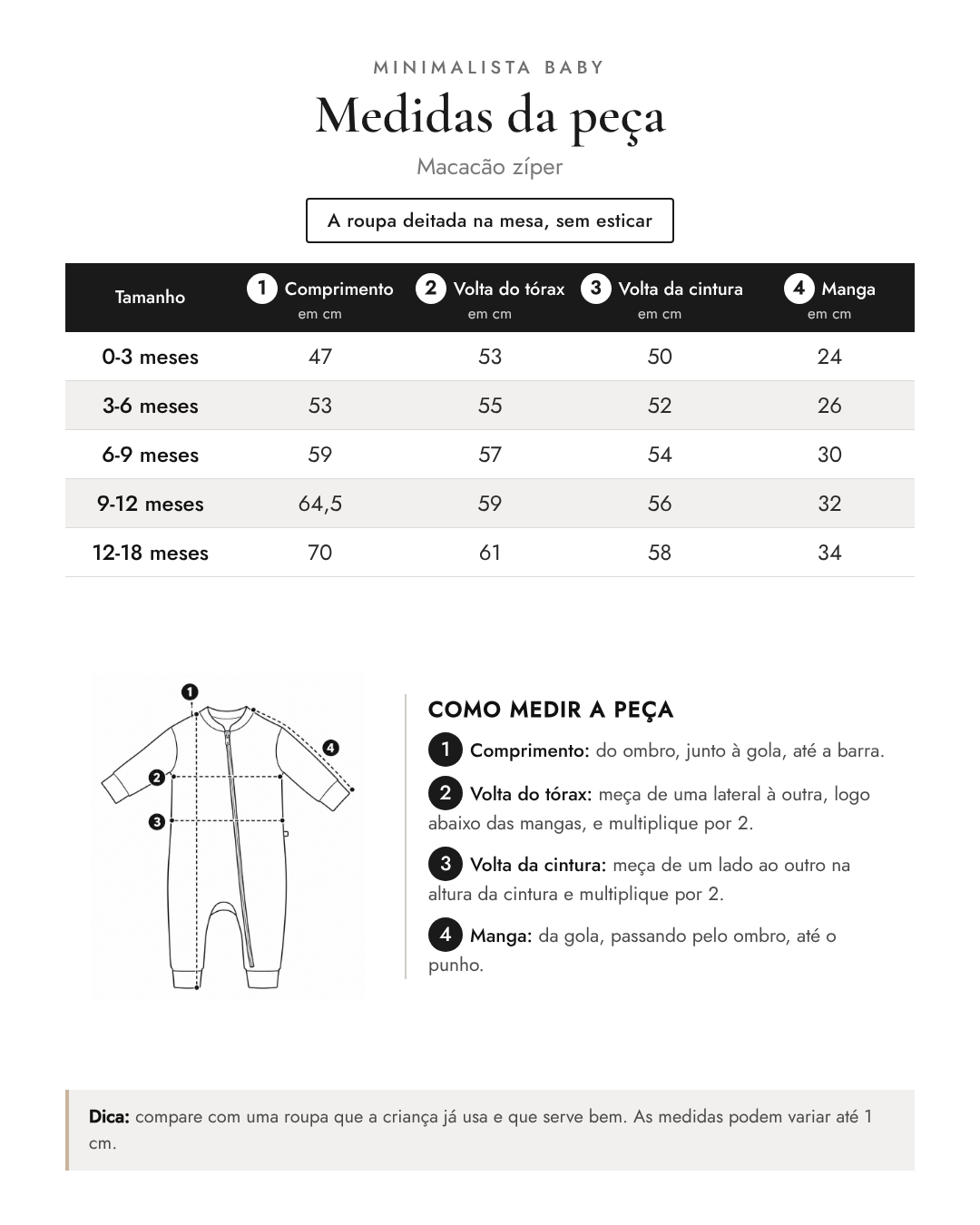 Medidas da peça - Macacão zíper