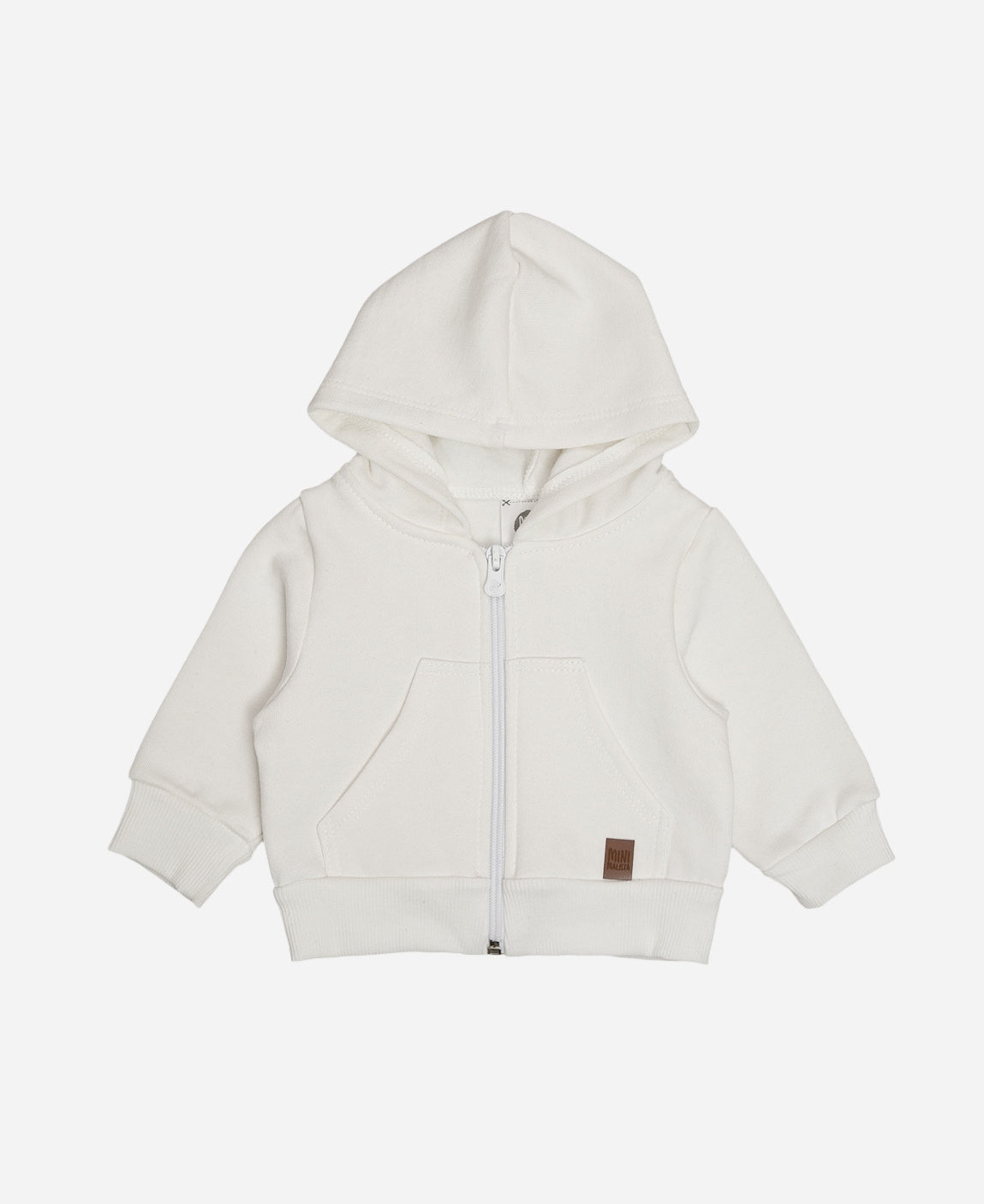 Casaco Moletom Capuz e Zíper Peluciado Liso Branco Off MiniMalista Baby — vista frontal do casaco infantil unissex em 100% algodão fio penteado com interior peluciado, off-white sofisticado. Capuz sem cordinha, cobre-zíper interno protege o queixo do bebê. Menino, menina ou unissex, do 0-3m ao 5-6 anos.