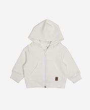 Casaco Moletom Capuz e Zíper Peluciado Liso Branco Off MiniMalista Baby — vista frontal do casaco infantil unissex em 100% algodão fio penteado com interior peluciado, off-white sofisticado. Capuz sem cordinha, cobre-zíper interno protege o queixo do bebê. Menino, menina ou unissex, do 0-3m ao 5-6 anos.