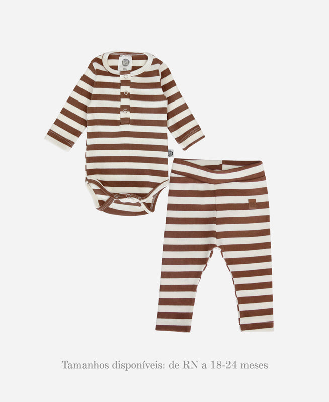 Conjunto Body e Calça Canelada Bebê | Listras Caramelo e Branco Off