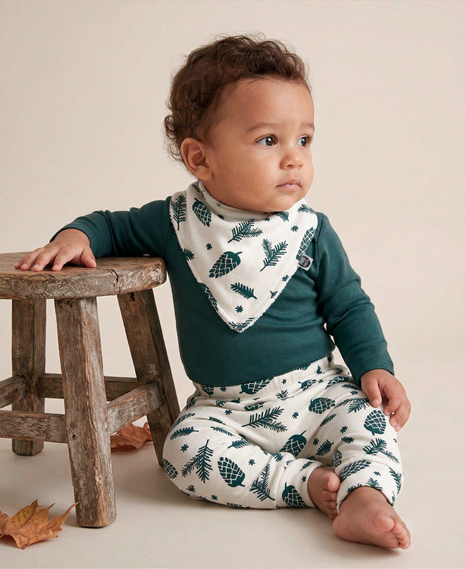 Conjunto Bebê Menino Calça + Body Longo + Babador | Deep Green e Pine Cones