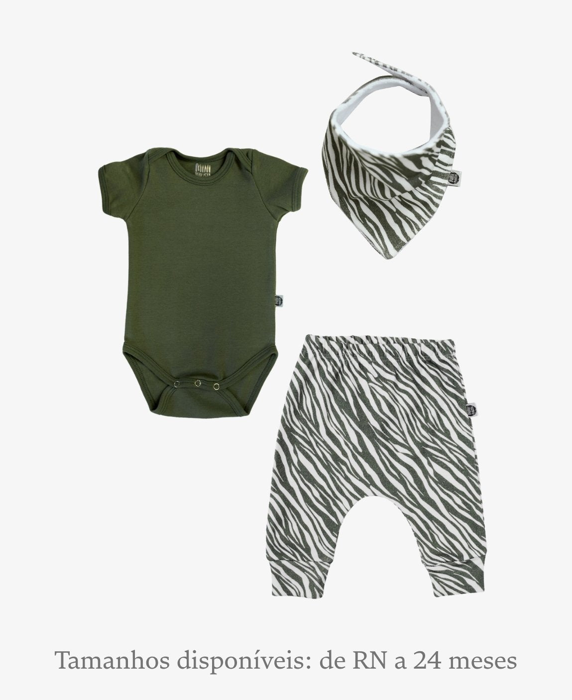 Conjunto Bebê Calça + Body Curto + Babador | Zebra e Jungle Green