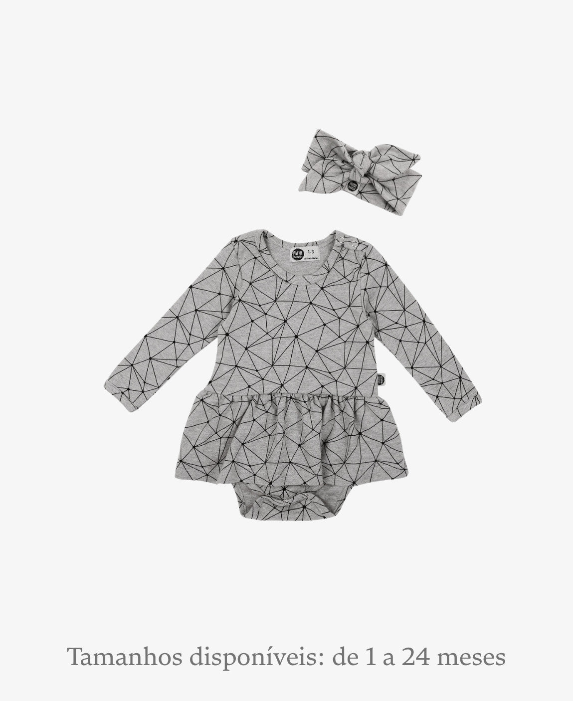 Conjunto Bebê Menina Body-Vestido Manga Longa + Faixinha coordenada estampa Satellite Mescla cinza MiniMalista Baby, moda bebê inverno look completo