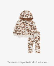 Conjunto Casaco Moletom + Legging Laurel Menina MiniMalista — casaco com capuz + legging fina em estampa folhagem allover caramelo, 100% algodão antialérgico do RN aos 5-6 anos, marca criada por mãe de criança com alergia na pele