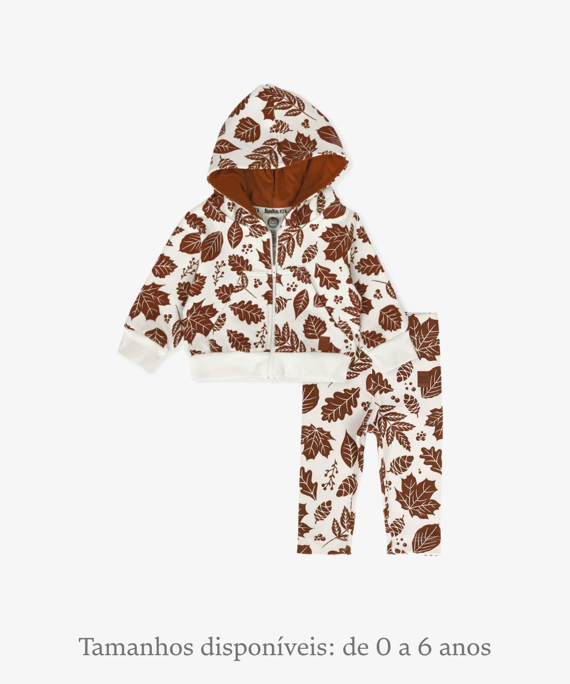 Conjunto Casaco Moletom + Legging Fall MiniMalista Baby — look coordenado unissex 100% algodão em estampa folhagem outonal allover, marca criada por mãe de criança com alergia na pele, do RN aos 5-6 anos.