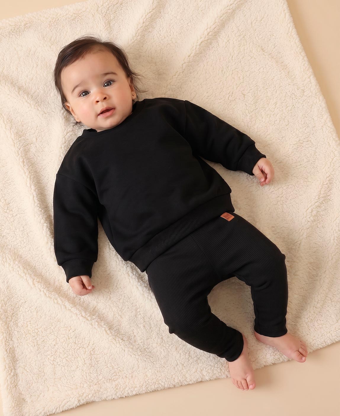 Conjunto Moletom e Calça Canelada Infantil Algodão | Liso Preto