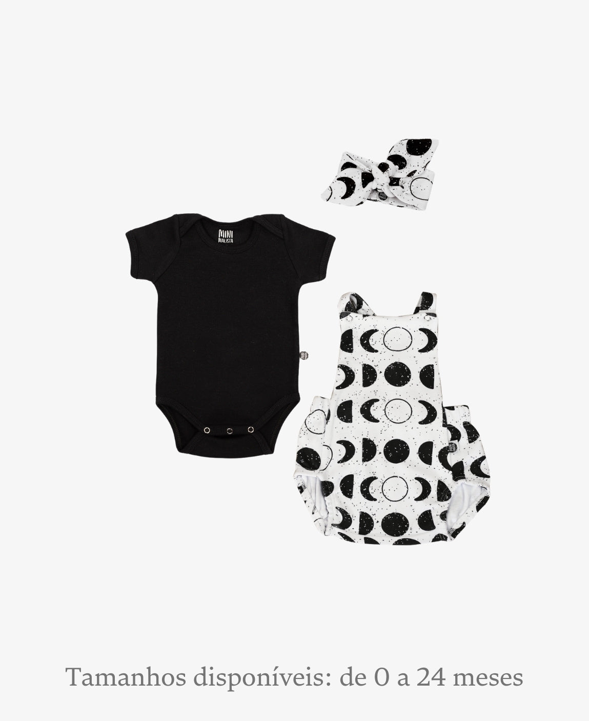 Conjunto Verão Bebê Menina Body + Jardineira + Faixinha | Preto e Lunar