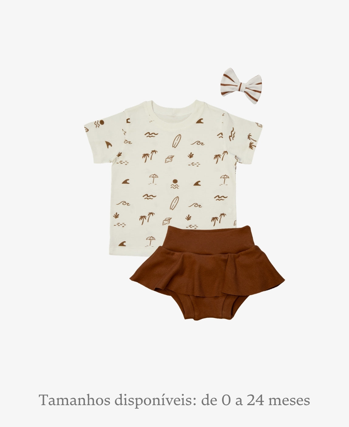 Conjunto Bebê Menina Verão Camiseta + Saia + Laço | Chocolate e Beach