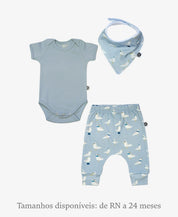 Conjunto bebê menino de 3 peças MiniMalista Baby: body manga curta liso Azul Coastal, calça harém e babador bandana com estampa Seagulls de gaivotas sobre fundo azul claro