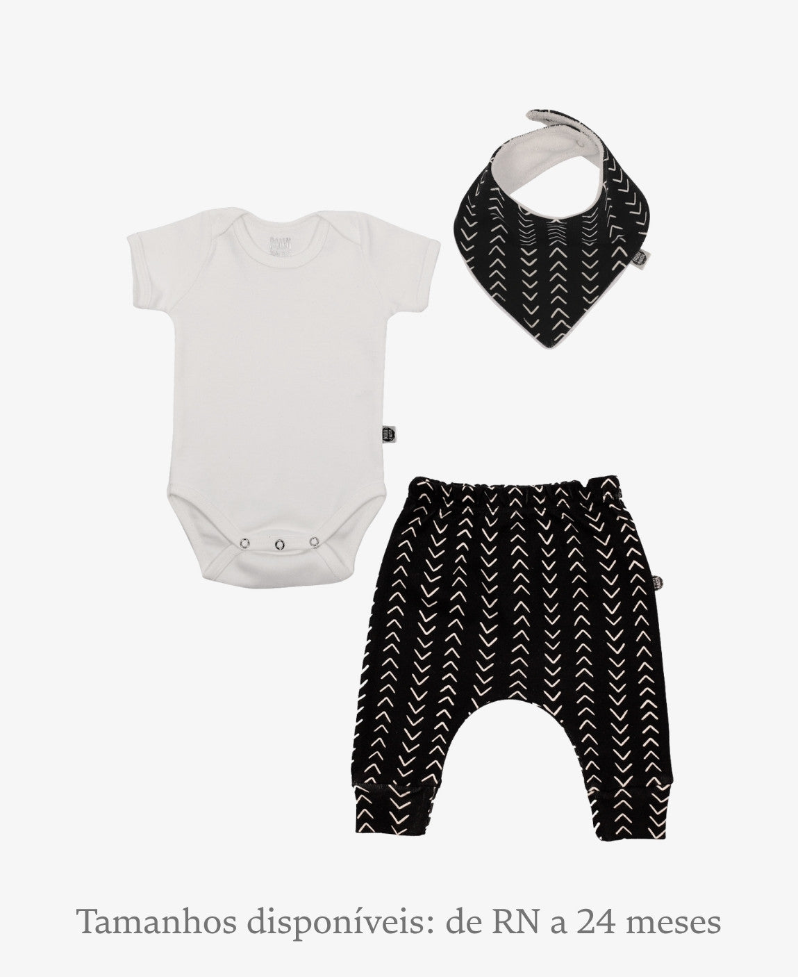 Conjunto Bebê Calça + Body Curto + Babador | Fishbone e Branco Algodão