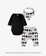 Conjunto Bebê Unissex Calça + Body Longo + Babador | Preto e Lunar