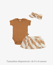 Conjunto Verão Bebê Menina Body e Saia | Listras Diagonais Bege e Goldie