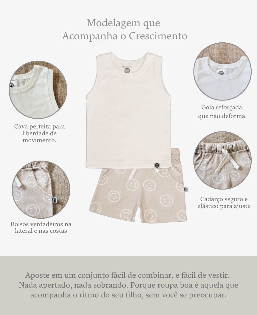 Conjunto Regata e Bermuda Infantil Menino | Branco Off e Smiley