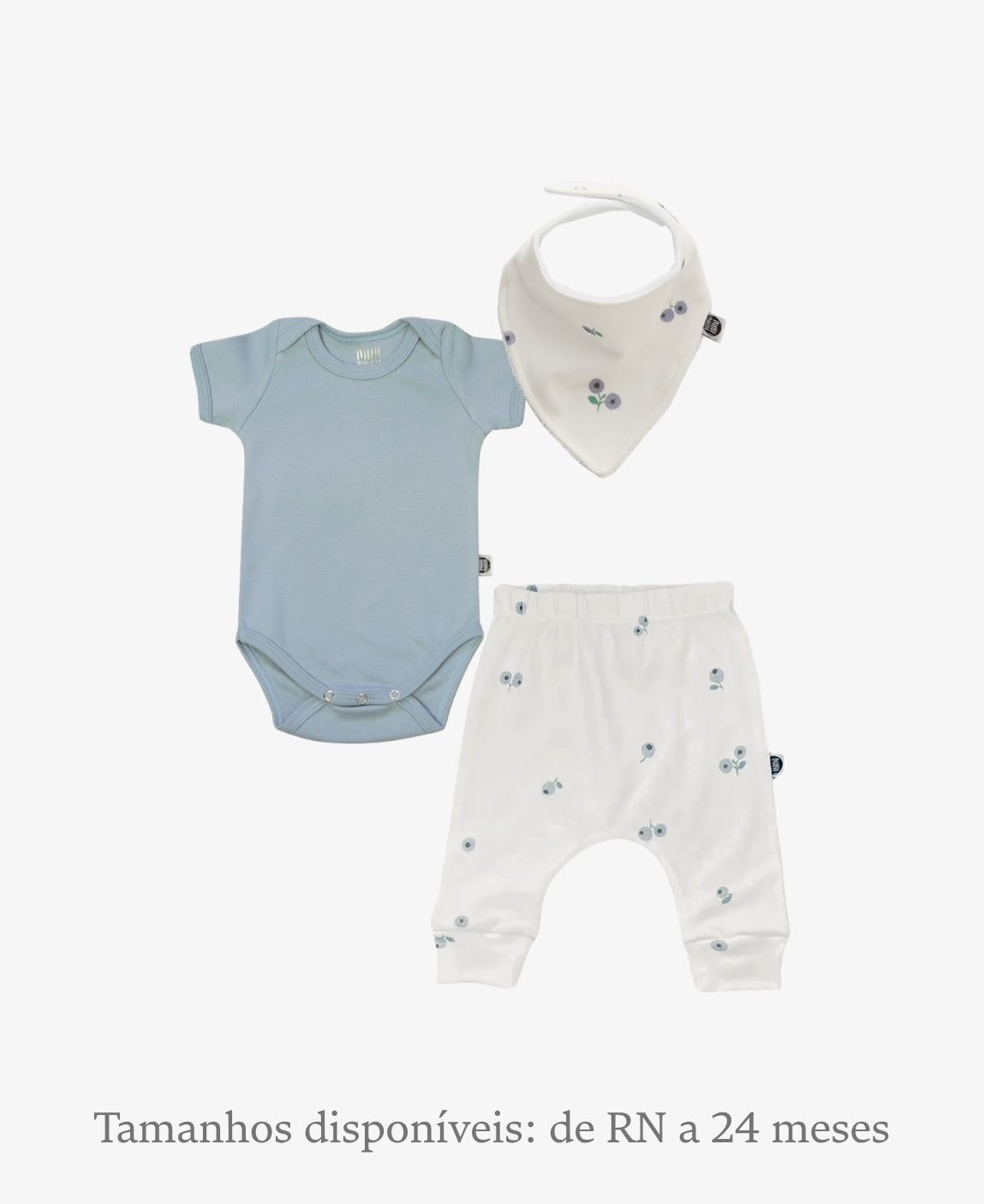 Conjunto Bebê Unissex Blueberry e Azul Coastal - Body Curto (Azul Coastal) + Calça Harém (Blueberry mirtilos azuis) + Babador Bandana - Coleção Wild - 100% algodão fio egípcio - MiniMalista Baby