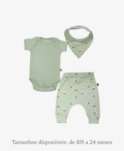Conjunto Bebê Unissex Boats e Eucalipto - Body Curto (Eucalipto verde eucalipto) + Calça Harém (Boats barcos náuticos) + Babador Bandana - Coleção Wild - 100% algodão fio egípcio - MiniMalista Baby