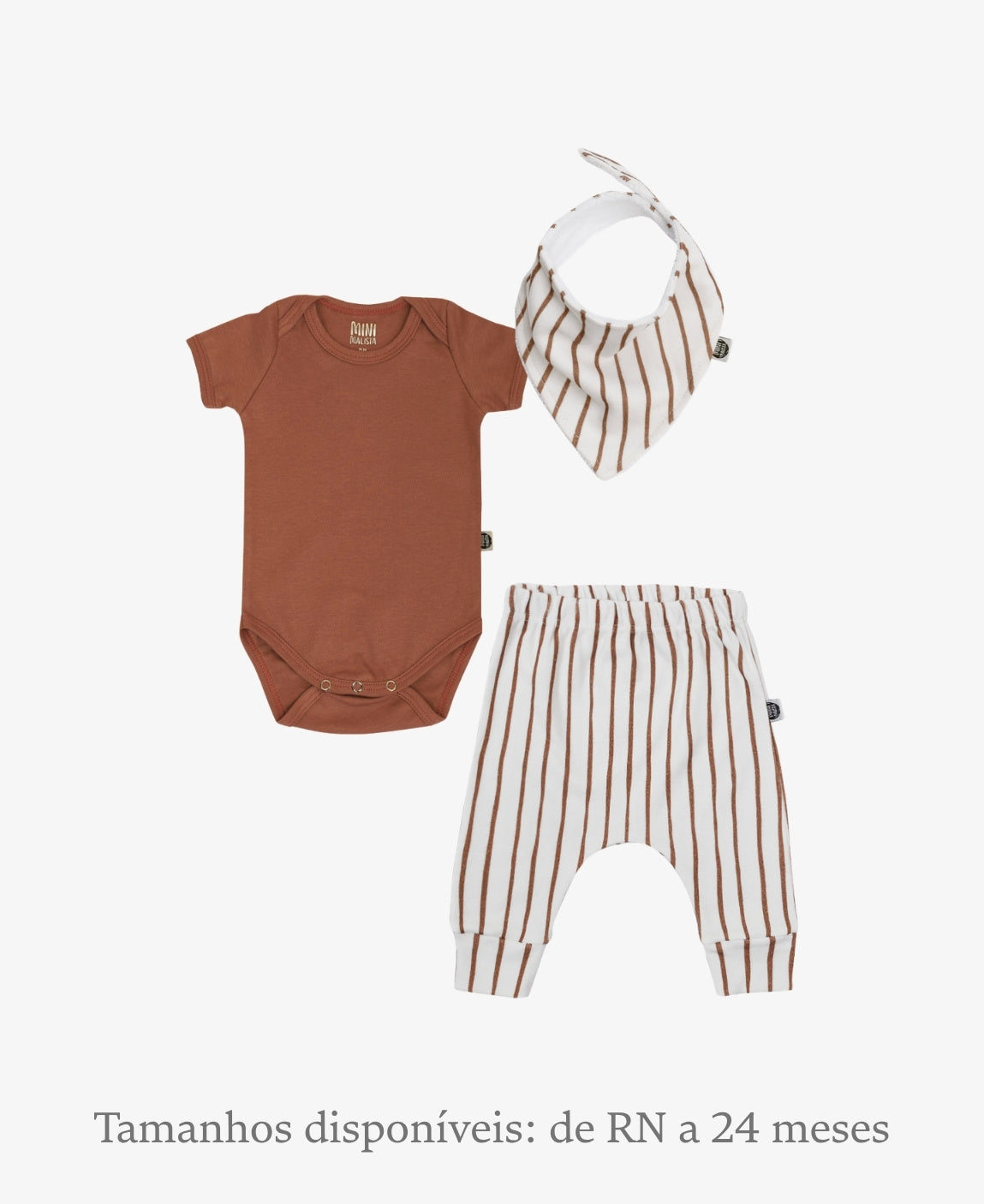 Kit Conjunto Bebê Unissex Forest e Chutney - Body Curto (Chutney terracota Pantone) + Calça Harém (Forest listras verticais evocando árvores) + Babador Bandana - Coleção Wild - 100% algodão fio egípcio - MiniMalista Baby