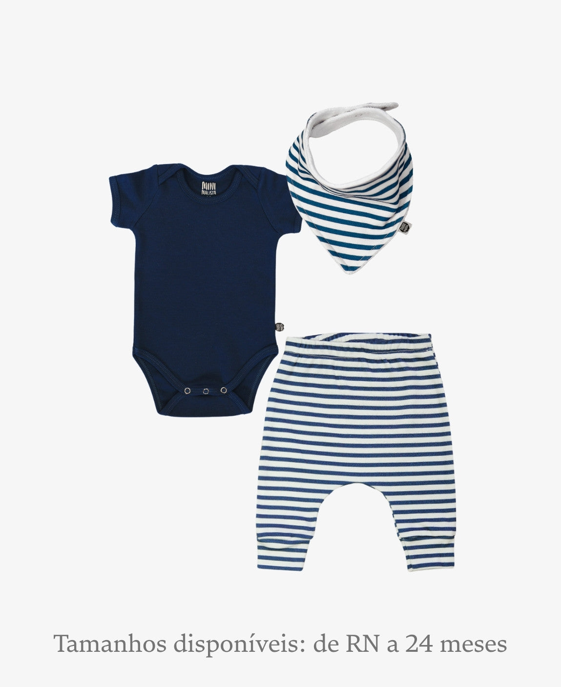 Conjunto Bebê Unissex Listrinhas Navy e Ocean - Body Curto (Ocean azul ocean) + Calça Harém (Listrinhas Navy) + Babador Bandana - Coleção Wild - 100% algodão fio egípcio - MiniMalista Baby