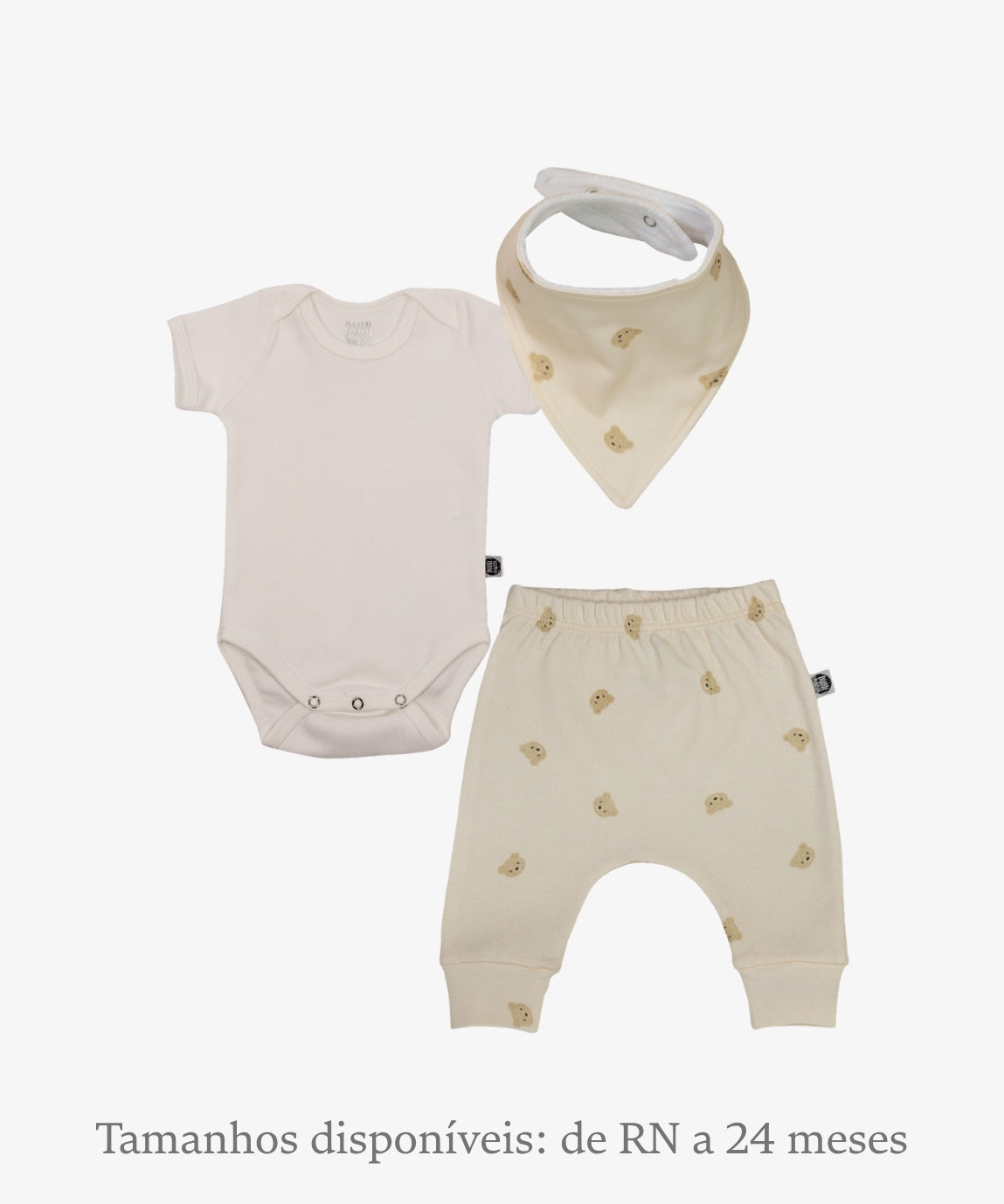 Conjunto Bebê Unissex Baby Bear e Branco Off — Body Manga Curta (Branco Off creme neutro) + Calça Harém (Baby Bear ursinhos fofos) + Babador Bandana — Coleção Wild — 100% algodão fio egípcio — MiniMalista Baby