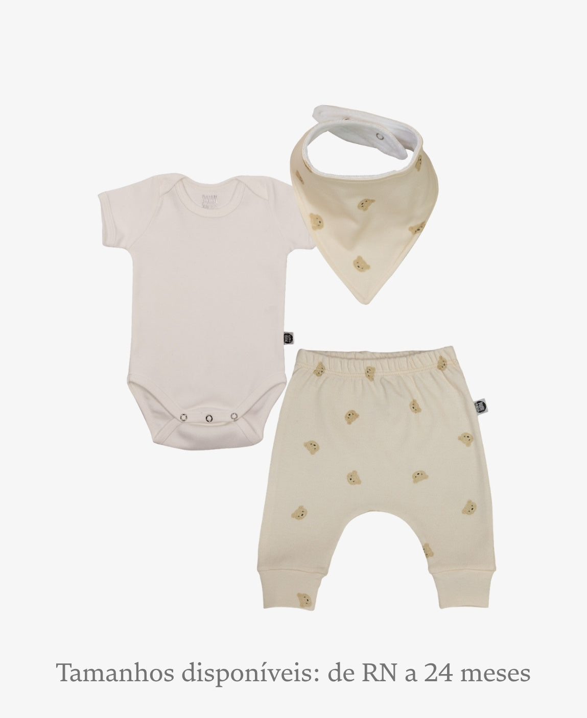 Conjunto Bebê Unissex Baby Bear e Branco Off — Body Manga Curta (Branco Off creme neutro) + Calça Harém (Baby Bear ursinhos fofos) + Babador Bandana — Coleção Wild — 100% algodão fio egípcio — MiniMalista Baby