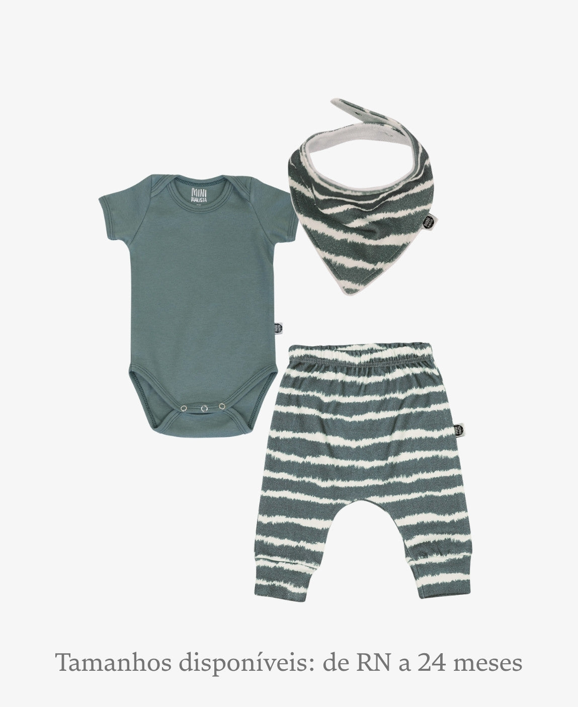 Conjunto Bebê Unissex Tie Dye e Goblin Blue - Body Curto (Goblin Blue azul goblin) + Calça Harém (Tie Dye artesanal) + Babador Bandana - Coleção Wild - 100% algodão fio egípcio - MiniMalista Baby