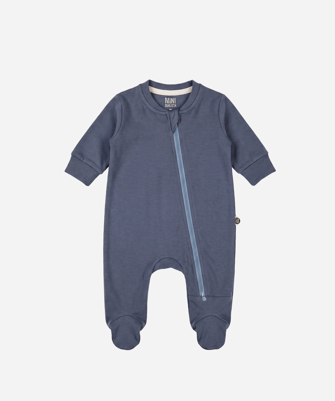 Macacão de Bebê Zíper Duplo com Pezinho cor Liso Azul Oxford — MiniMalista Baby, Algodão Egípcio Safra Premium com UV50+, azul acinzentado atemporal moda bebê