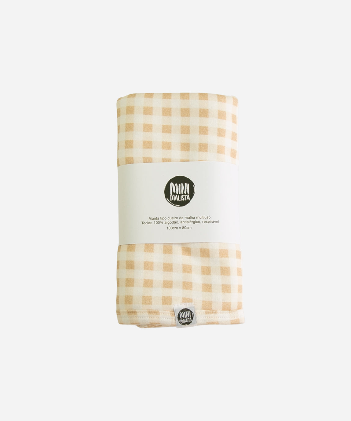 MiniMalista Manta de Malha de Algodão para Bebês em Vichy Bege, vista frontal. Xadrez vichy bege sobre Branco Off, 100% algodão, 80x100cm. Manta de bebê unissex para passeio, amamentação e berço.