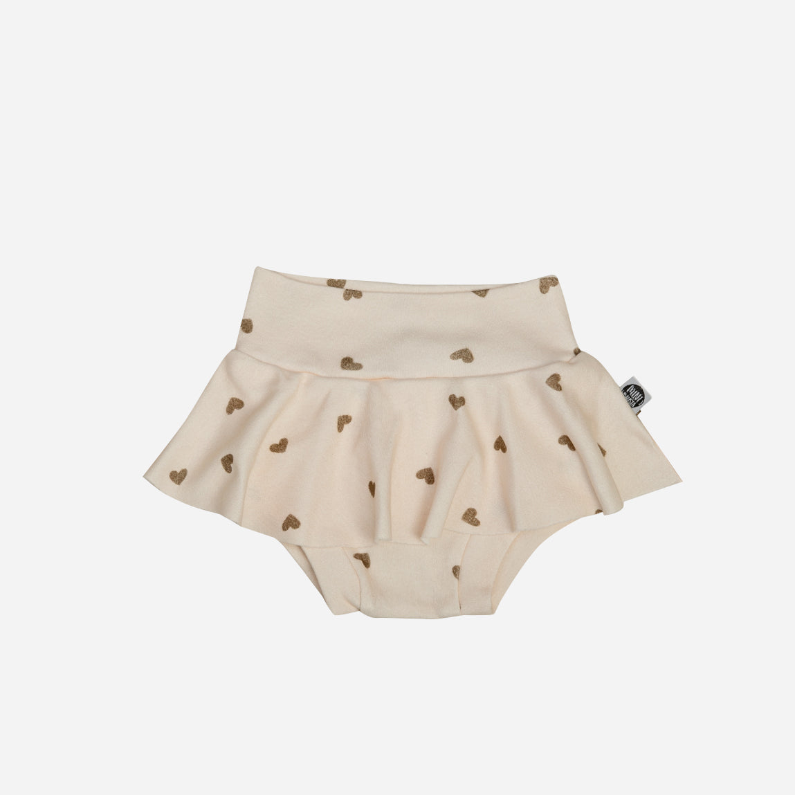 Saia Boomies Bebê - Estampa Love In Brown (corações marrom sobre Branco Off) - Coleção SS26 - MiniMalista Baby