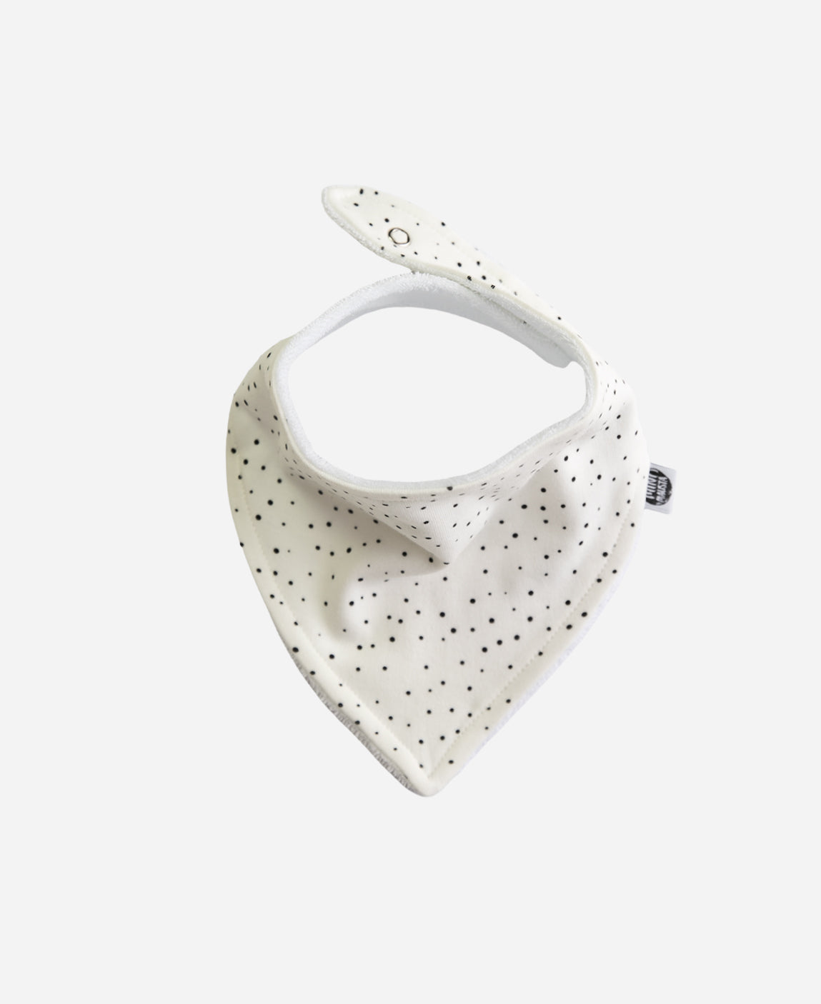 MiniMalista Babador Bandana Unissex em Bolinhas Claro, vista frontal. Bolinhas delicadas sobre Branco Off, 100% algodão. Babador de bebê estilo lenço, bandana bib unissex para menino e menina.