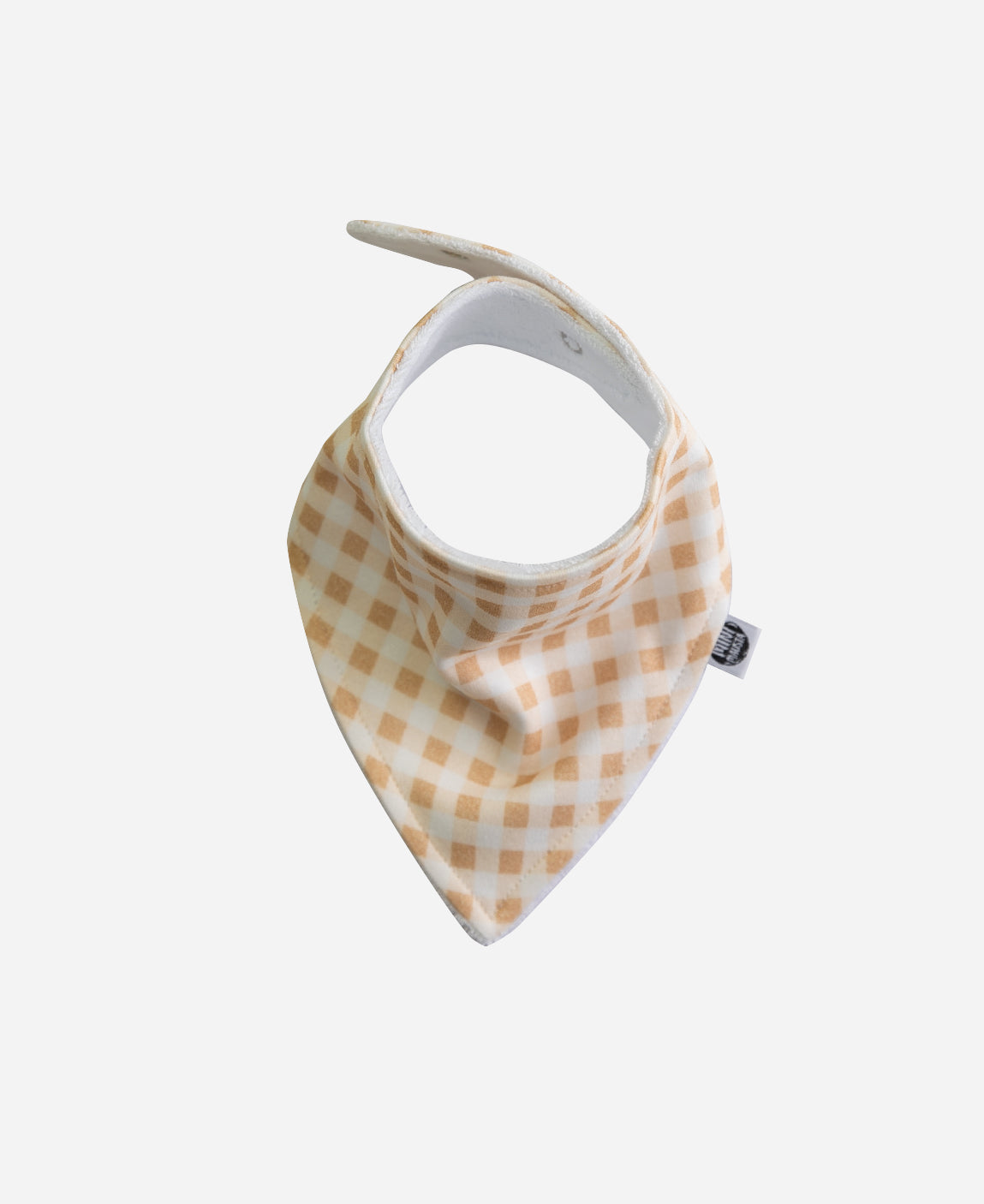 MiniMalista Babador Bandana Unissex em Vichy Bege, vista frontal. Xadrez vichy bege sobre Branco Off, 100% algodão. Babador de bebê estilo lenço, bandana bib unissex para menino e menina.
