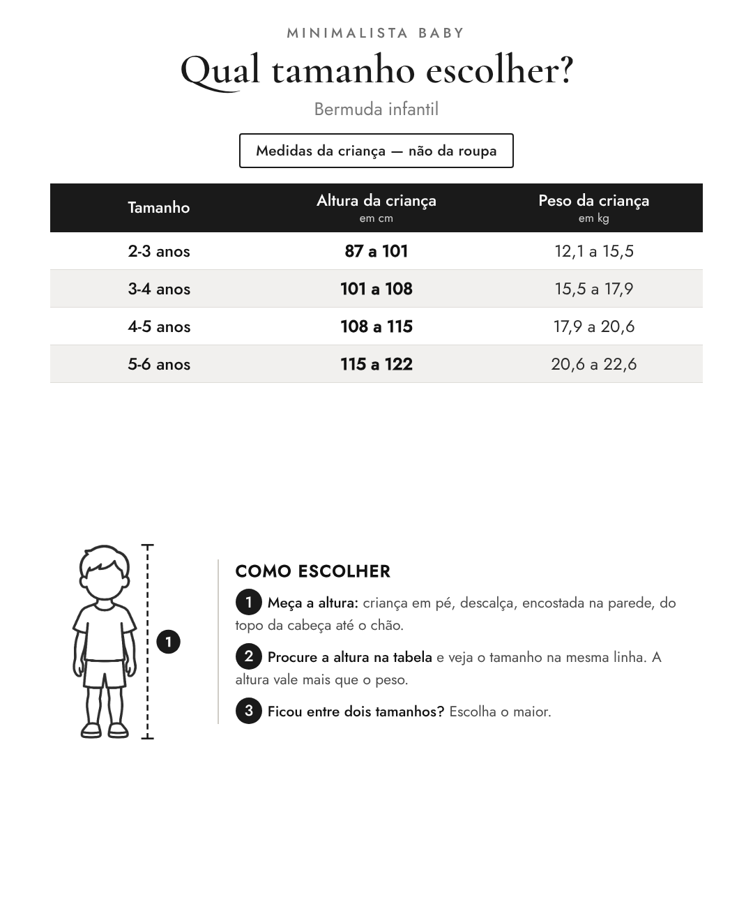 Tabela de tamanhos — medidas da criança | Bermuda infantil