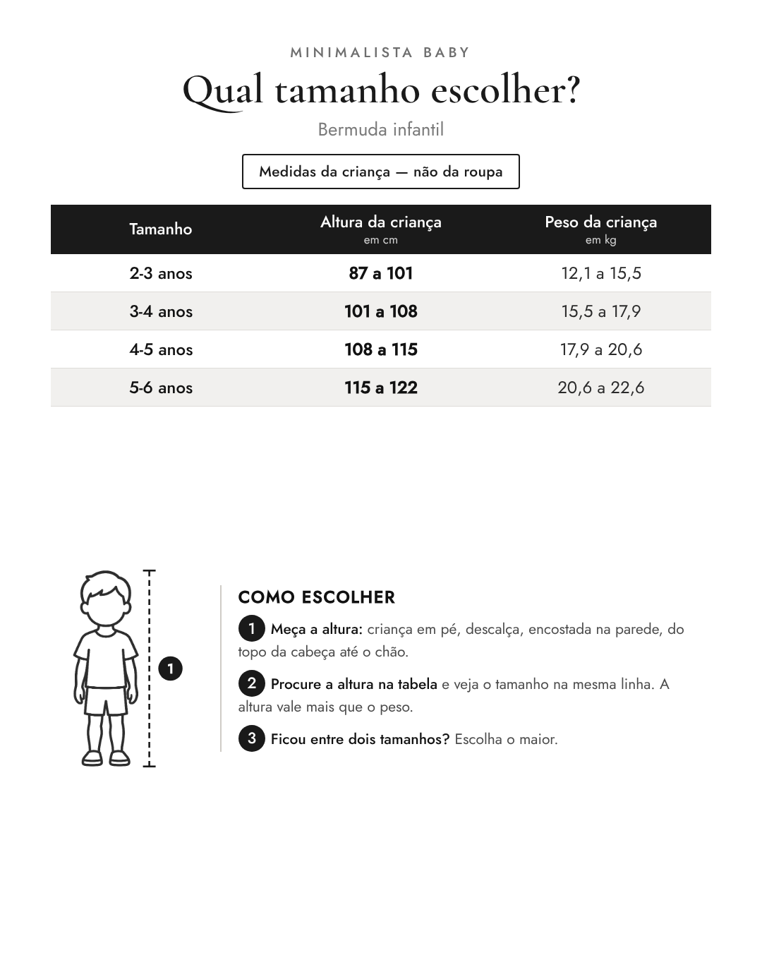 Tabela de tamanhos — medidas da criança | Bermuda infantil
