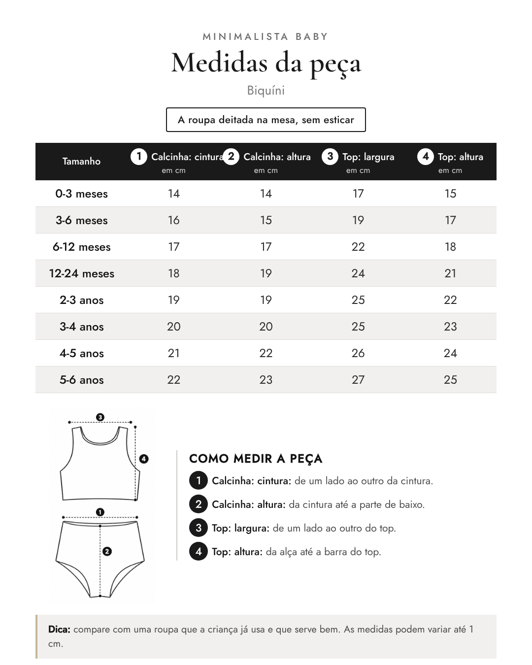 Tabela de medidas da peça | Biquíni