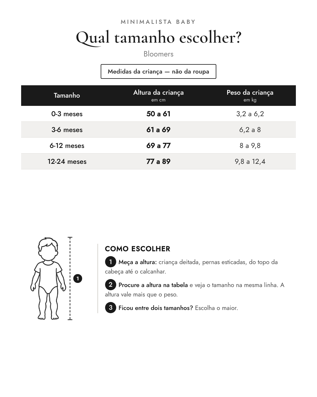 Tabela de tamanhos — medidas da criança | Bloomers