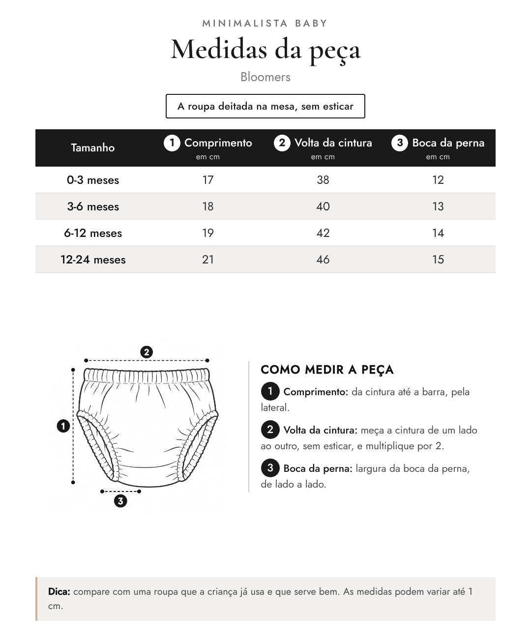 Tabela de medidas da peça | Bloomers