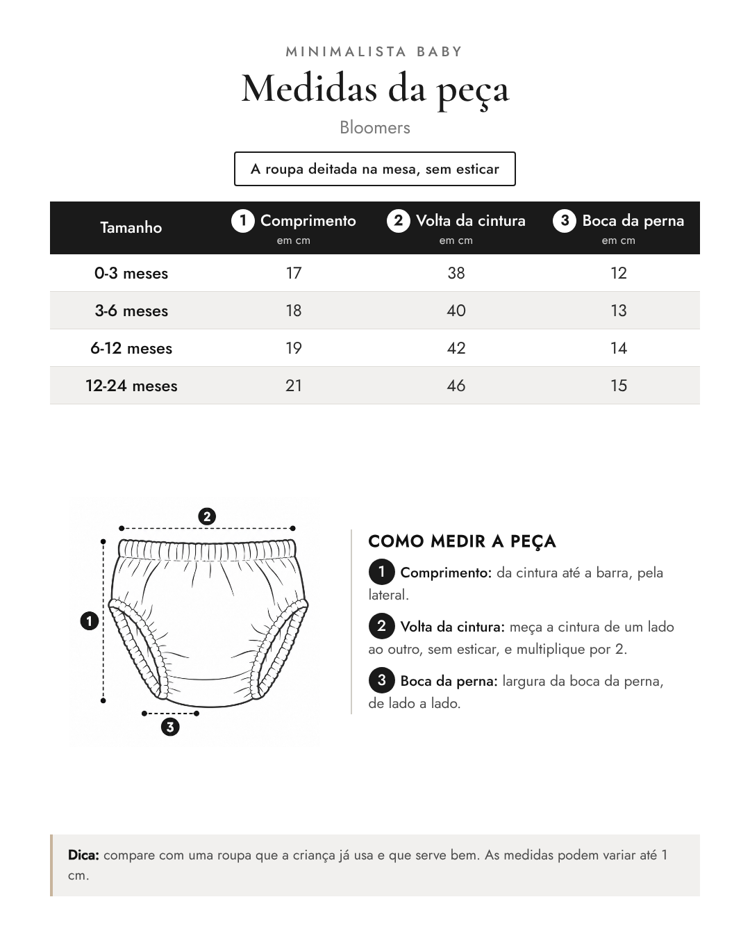 Tabela de medidas da peça | Bloomers