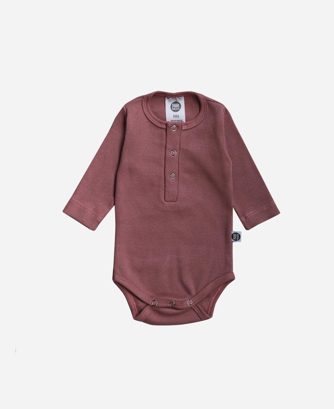 Body de Bebê Manga Longa Unissex Canelado Botões Liso MiniMalista Dark Rose - MiniMalista Baby - b2b, Baby, com-desconto-mm10, Frio, Menina -bebê-minimalista-estiloso