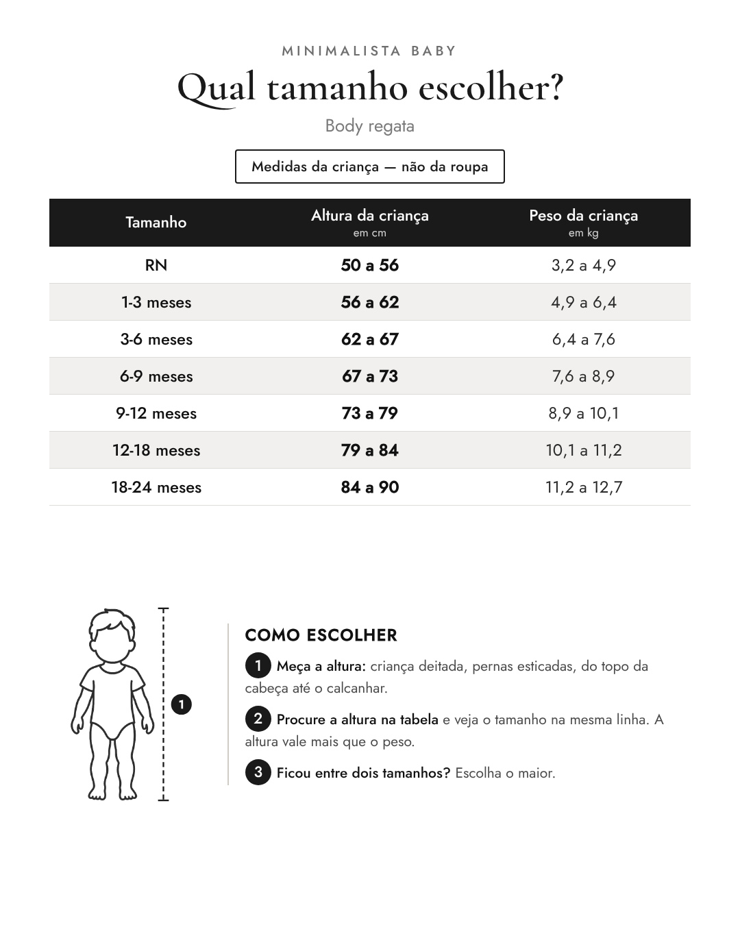 Tabela de tamanhos — medidas da criança | Body regata