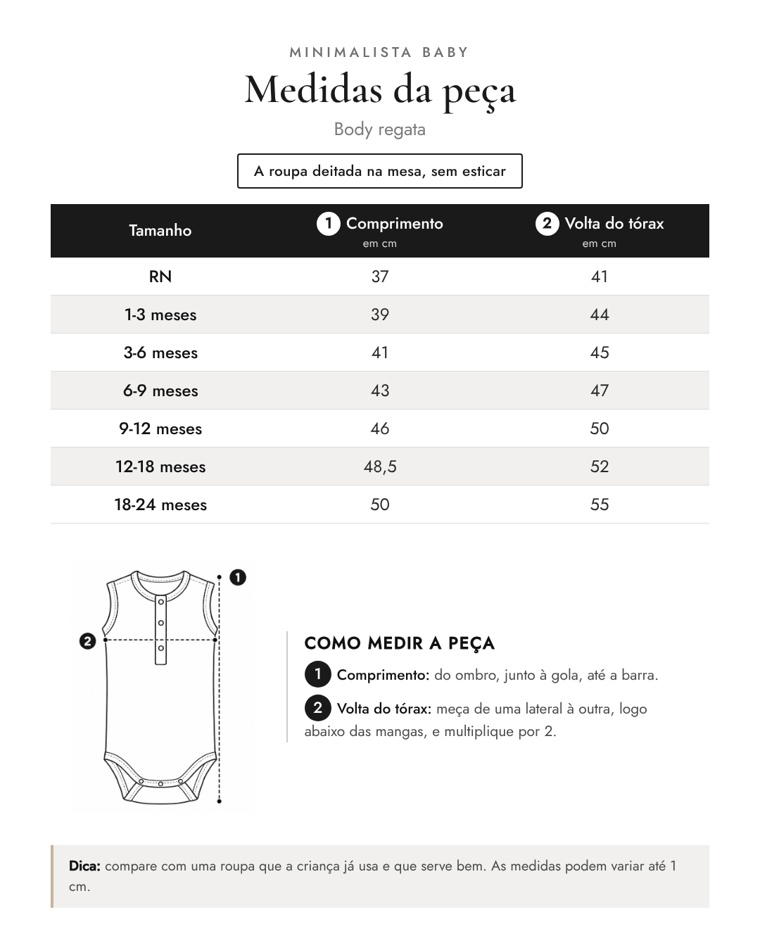 Tabela de medidas da peça | Body regata