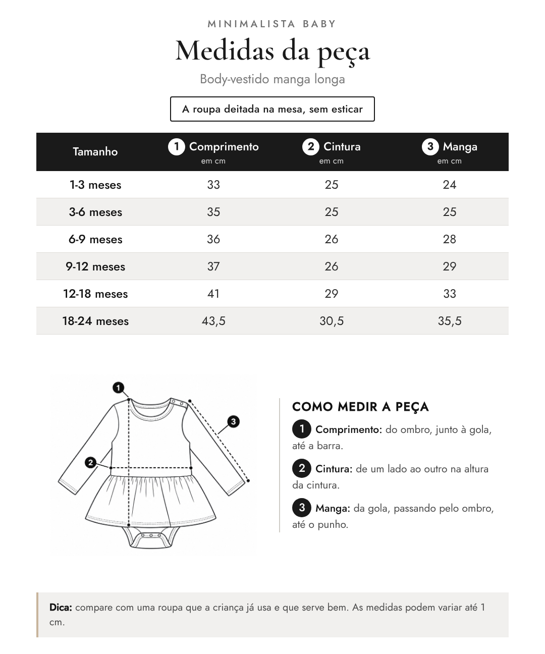 Tabela de medidas da peça | Body-vestido manga longa