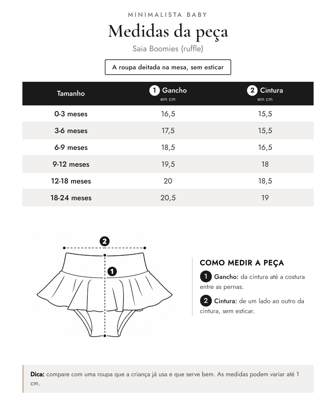 Tabela de medidas da peça | Saia Boomies (ruffle)