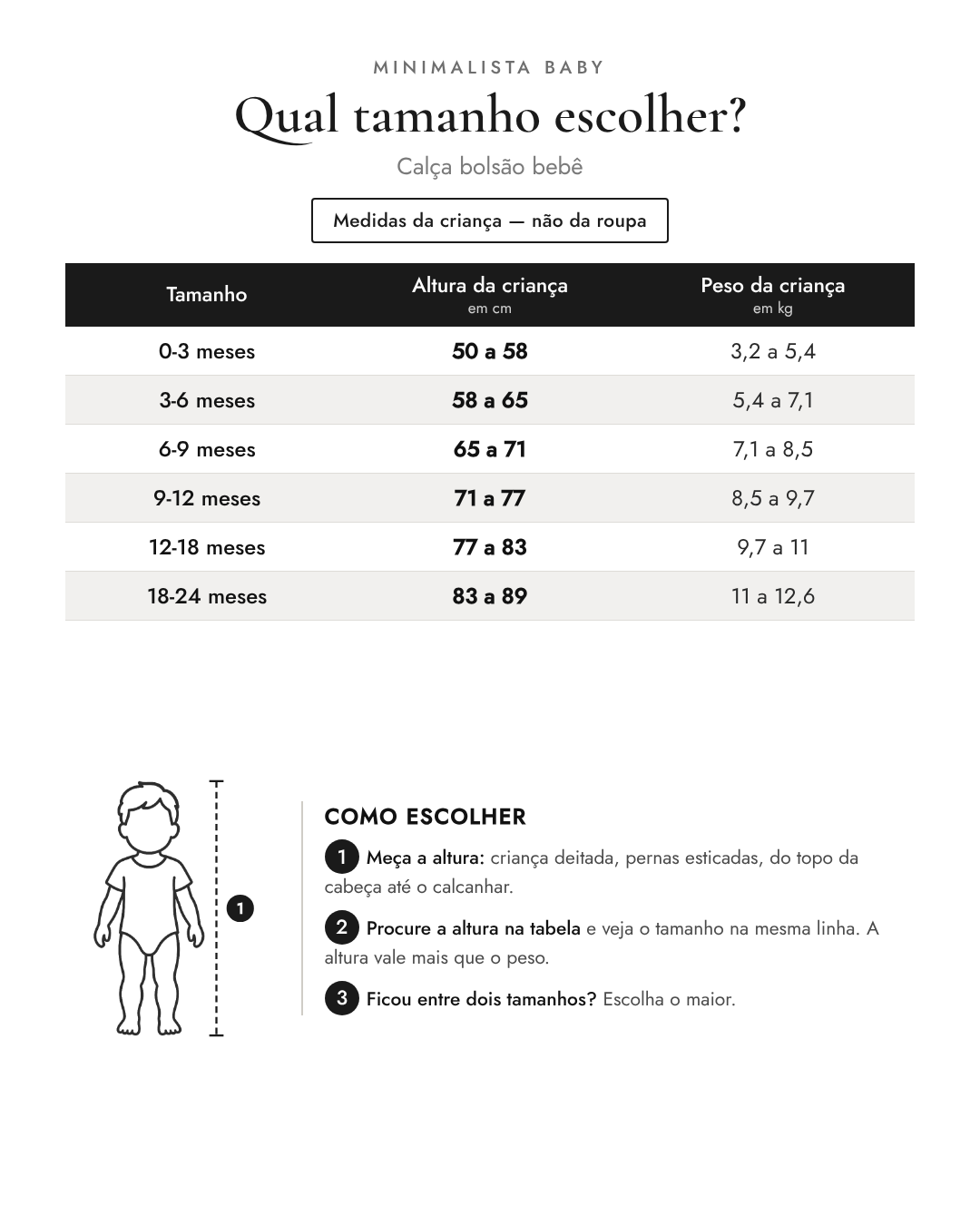 Tabela de tamanhos — medidas da criança | Calça bolsão bebê