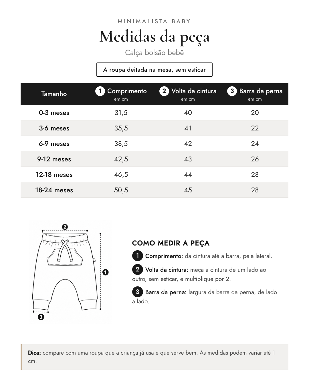 Tabela de medidas da peça | Calça bolsão bebê