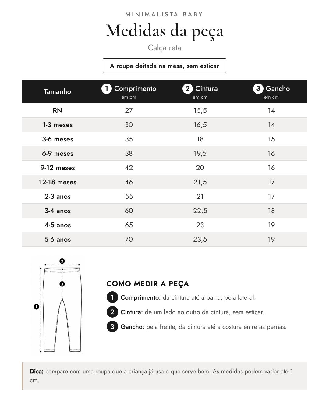 Tabela de medidas da peça | Calça reta