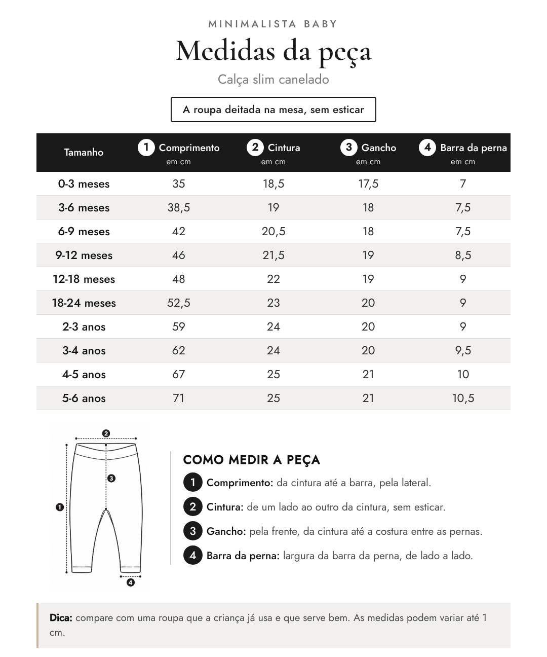 Tabela de medidas da peça | Calça slim canelado