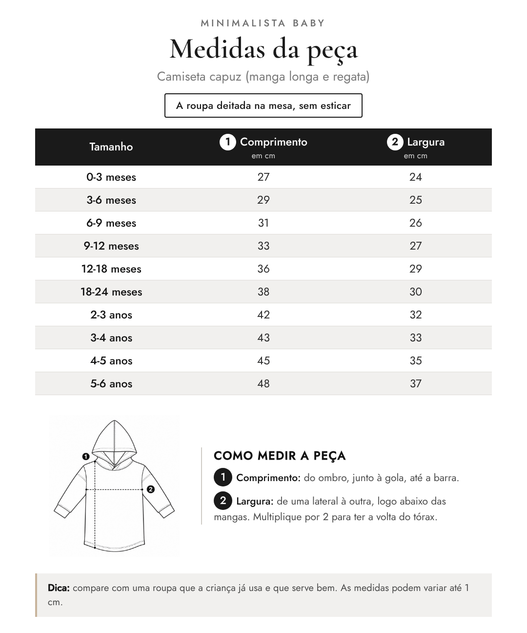 Tabela de medidas da peça | Camiseta capuz (manga longa e regata)