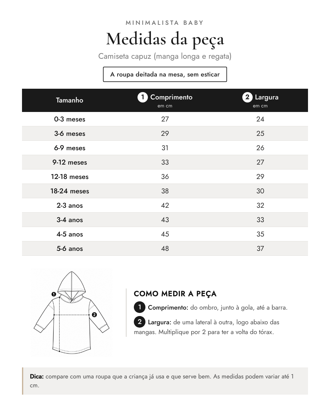 Tabela de medidas da peça | Camiseta capuz (manga longa e regata)