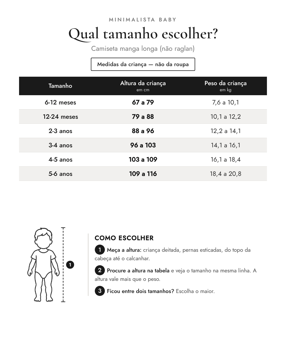 Tabela de tamanhos — medidas da criança | Camiseta manga longa (não raglan)