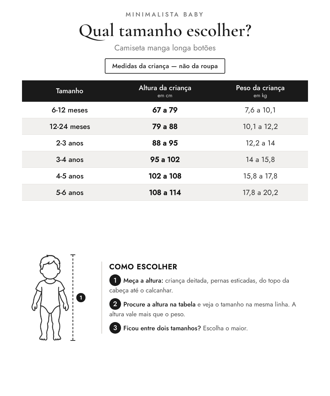 Tabela de tamanhos — medidas da criança | Camiseta manga longa botões
