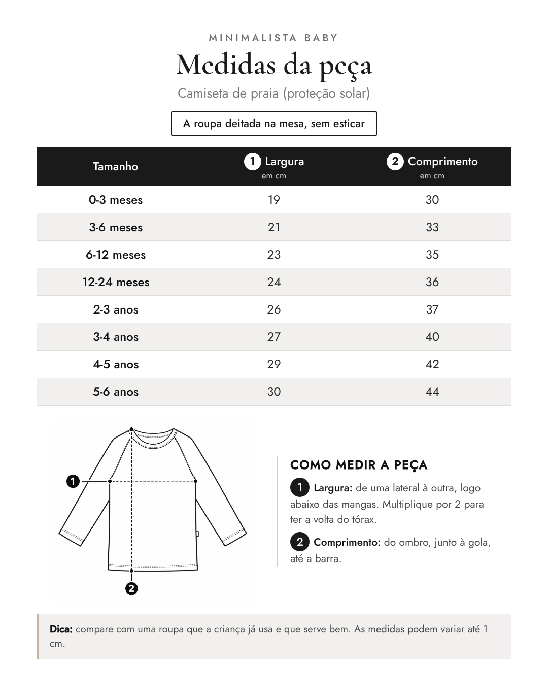Tabela de medidas da peça | Camiseta de praia (proteção solar)
